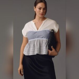 Pilcro Anthropologie - Mixed Stripe Babydoll Top Ruffle Smocked Pleated Shirt L